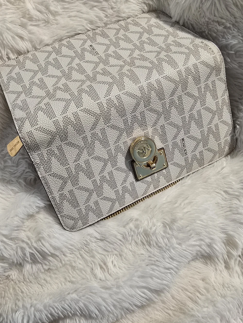 Michael Kors White Logo-Print Leather Clutch / Wallet with Gold Hardware